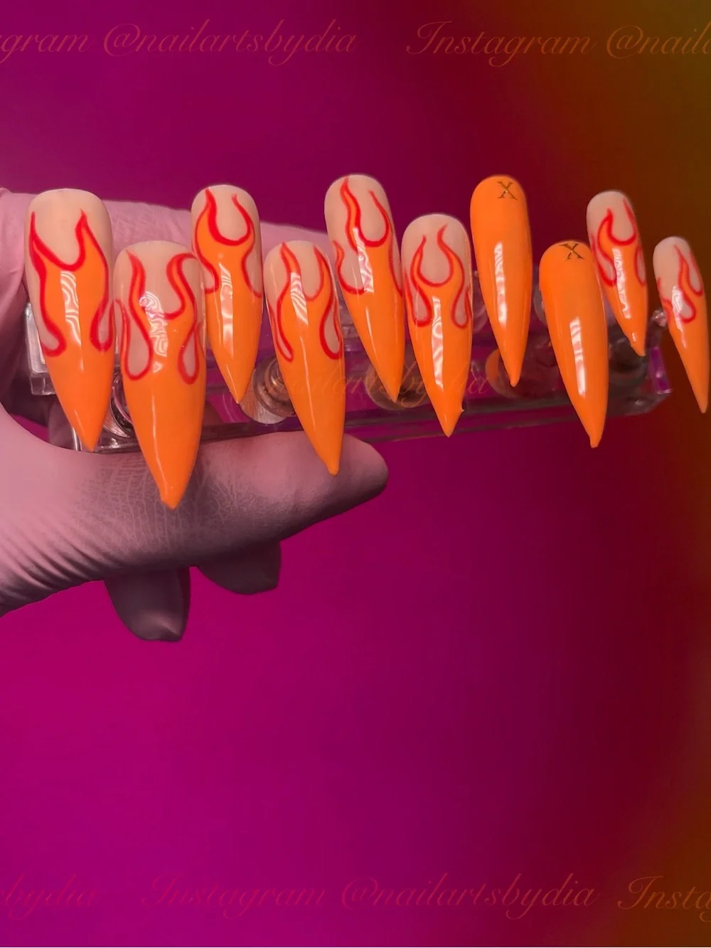 Neon Orange Stiletto Nail Set with Red Flame Art